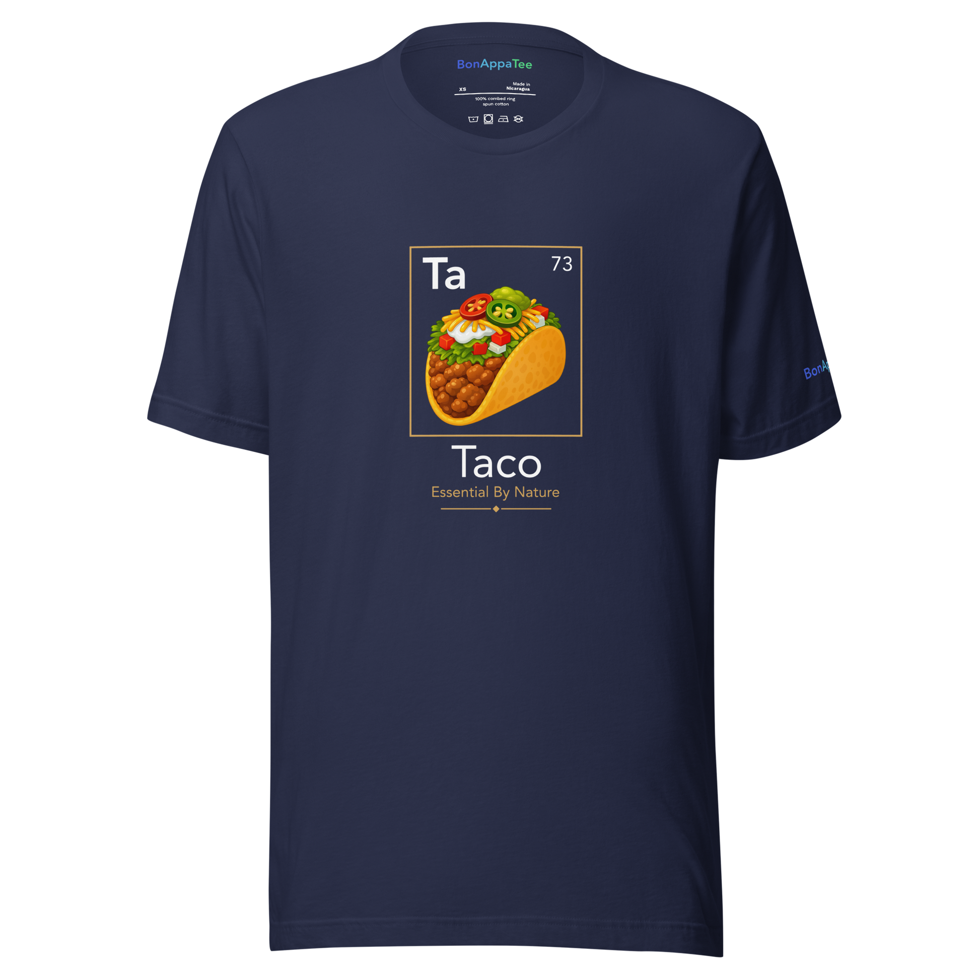 Taco — Essential By Nature Tee — relaxed fit food graphic t-shirt on navy background | BonAppaTee