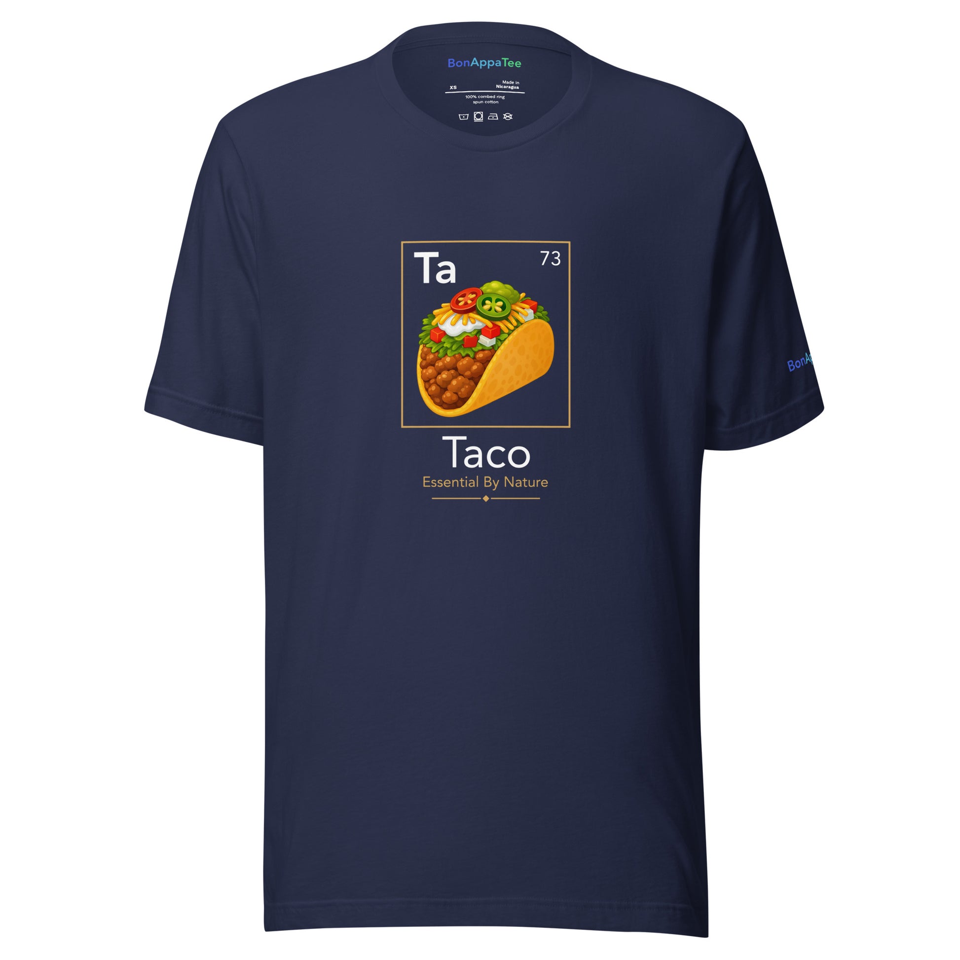 Taco Essential By Nature — relaxed fit Taco Graphic T-Shirt on navy background | BonAppaTee
