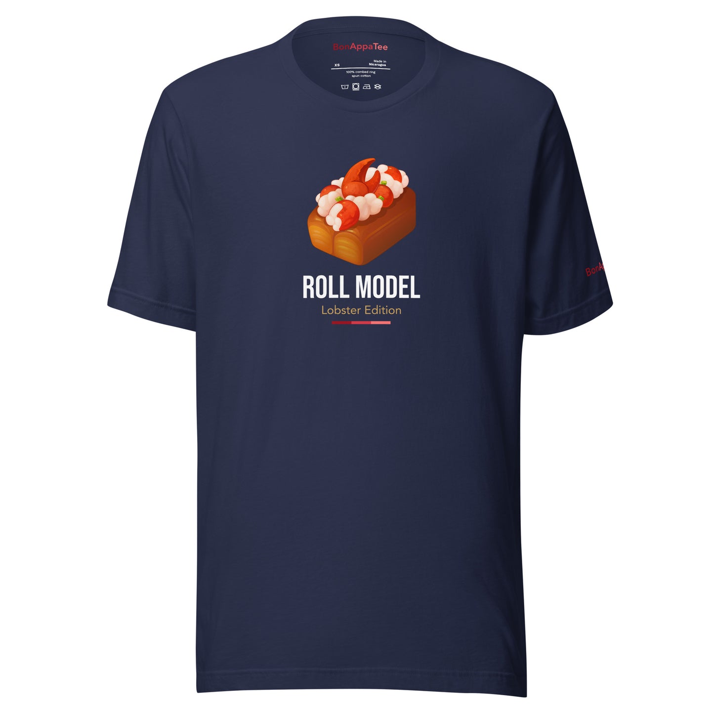 Roll Model Lobster Edition Tee — lobster roll graphic on premium relaxed fit navy T-shirt, front view | BonAppaTee