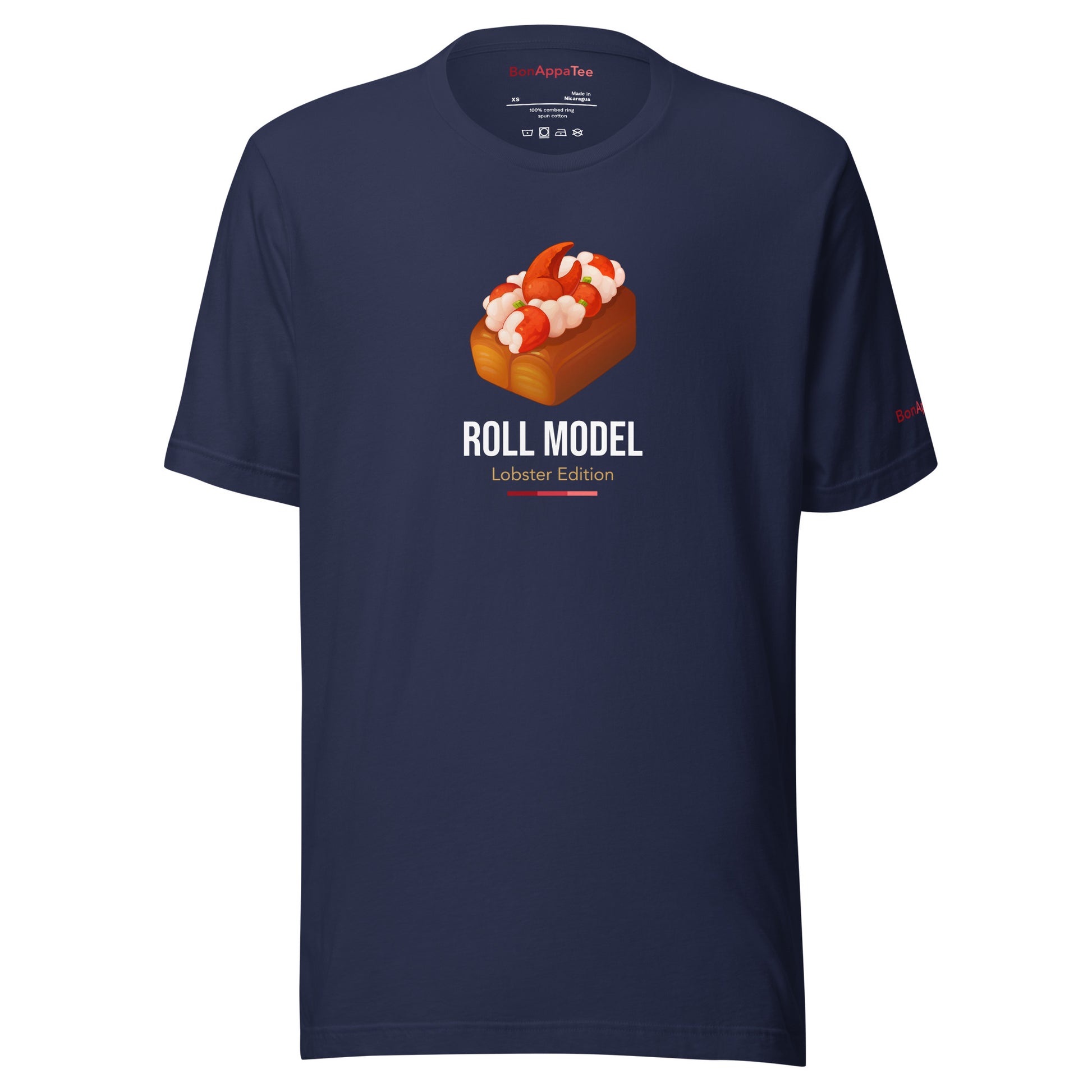 Roll Model Lobster Edition Tee — lobster roll graphic on premium relaxed fit navy T-shirt, front view | BonAppaTee