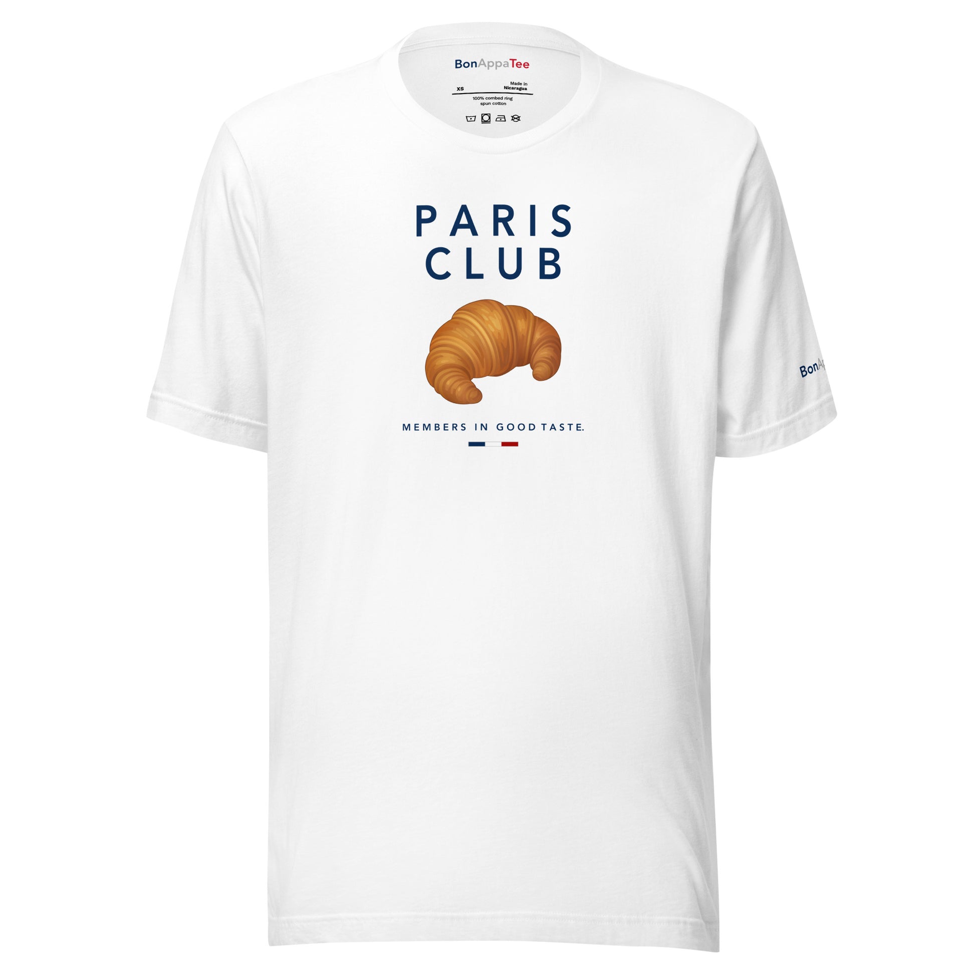 Paris Club — croissant graphic on premium relaxed fit white T-shirt, front view | BonAppaTee