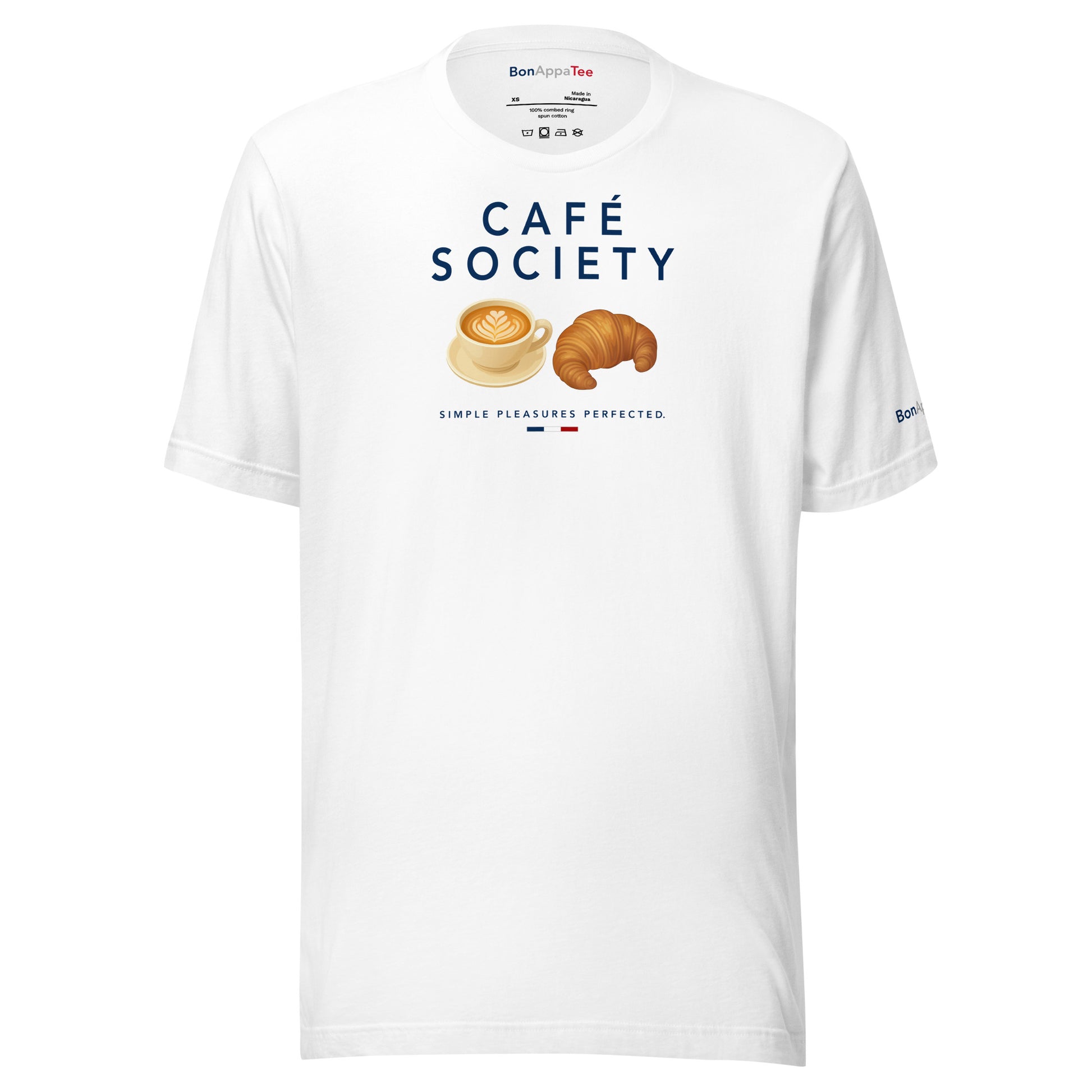 Cafe Society Graphic T-Shirt featuring original hand-drawn vector cappuccino and croissant artwork inspired by French café culture on a premium relaxed fit white T-shirt.
