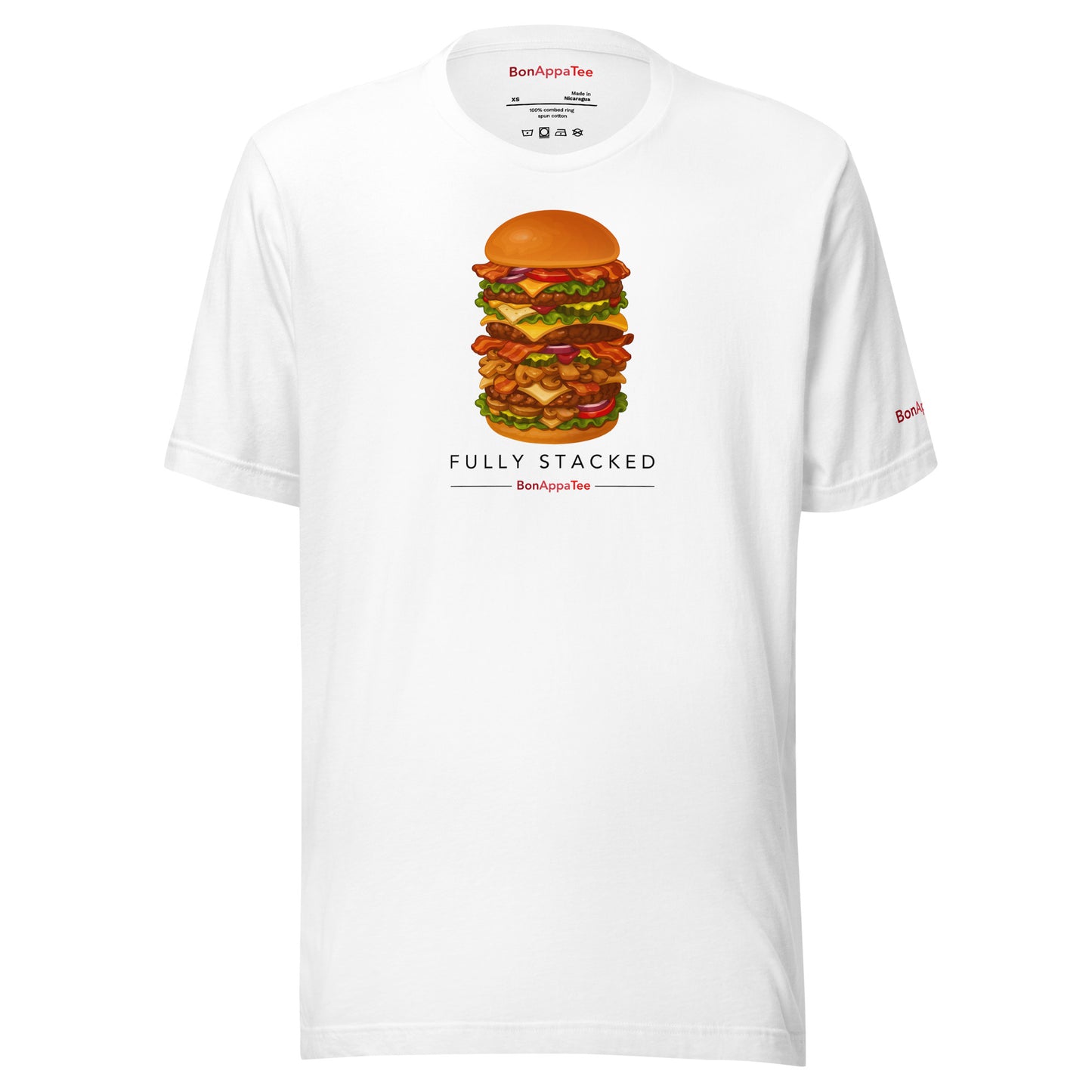 Fully Stacked relaxed fit burger graphic t-shirt — front view, white | BonAppaTee
