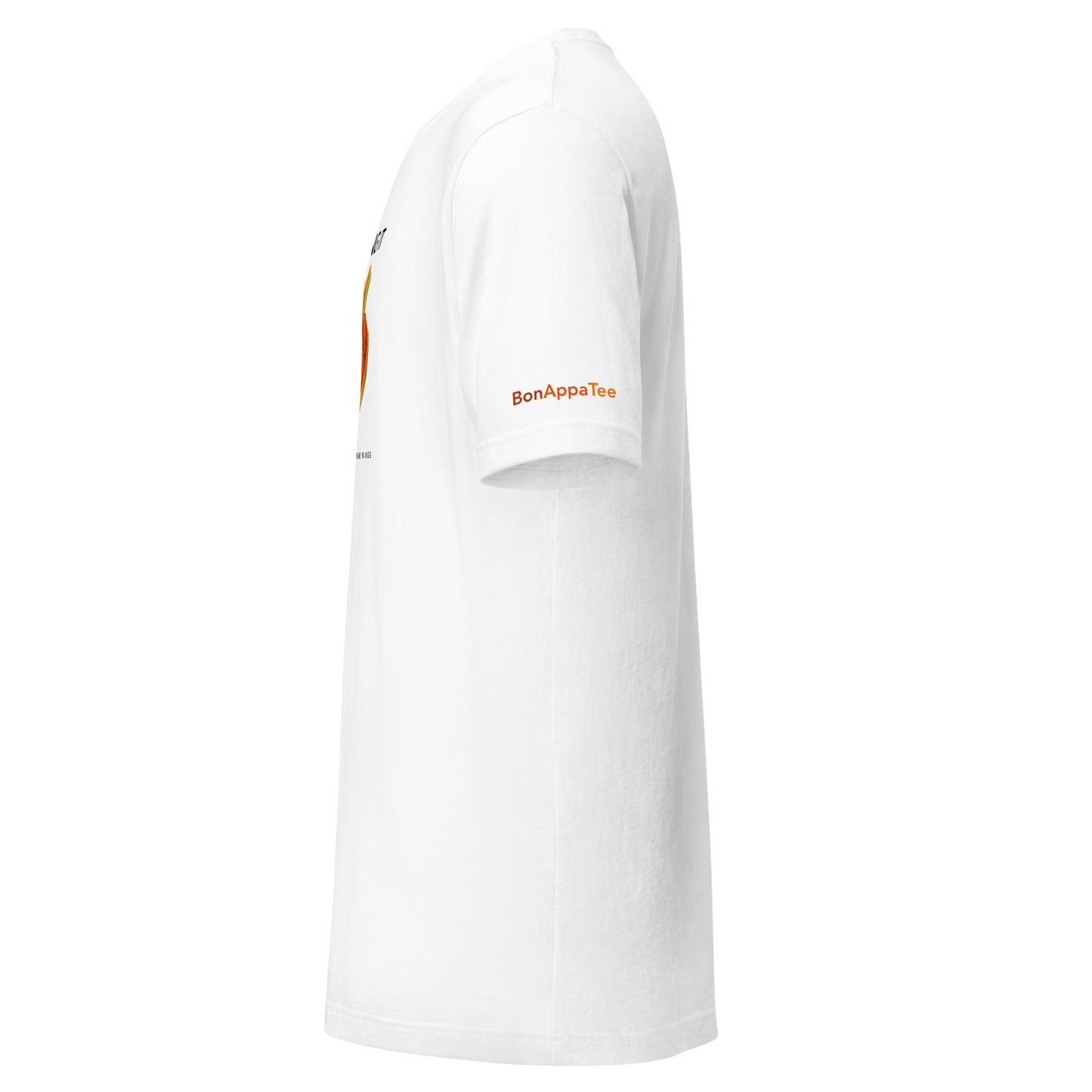 Wing It Tee — side view of chicken wings graphic on premium relaxed fit white T-shirt by BonAppaTee