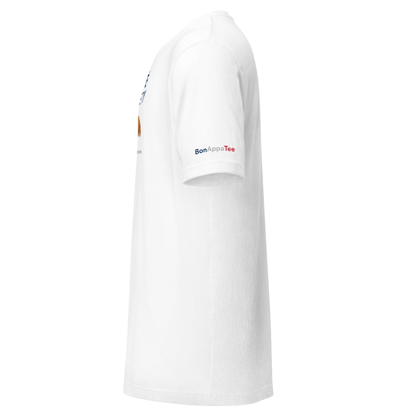 Cafe Society — cappuccino and croissant graphic on premium relaxed fit white T-shirt, side view | BonAppaTee