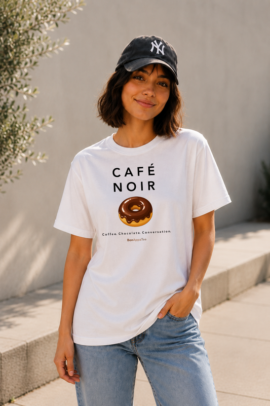Female wearing Café Noir Tee — coffee graphic on premium oversized white T-shirt by BonAppaTee