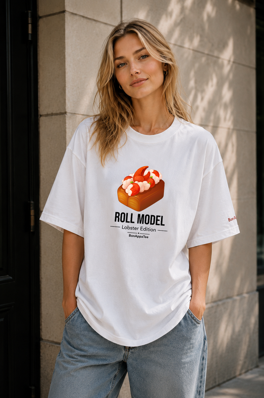 Female wearing Roll Model Lobster Edition Tee — lobster graphic on premium oversized white T-shirt by BonAppaTee