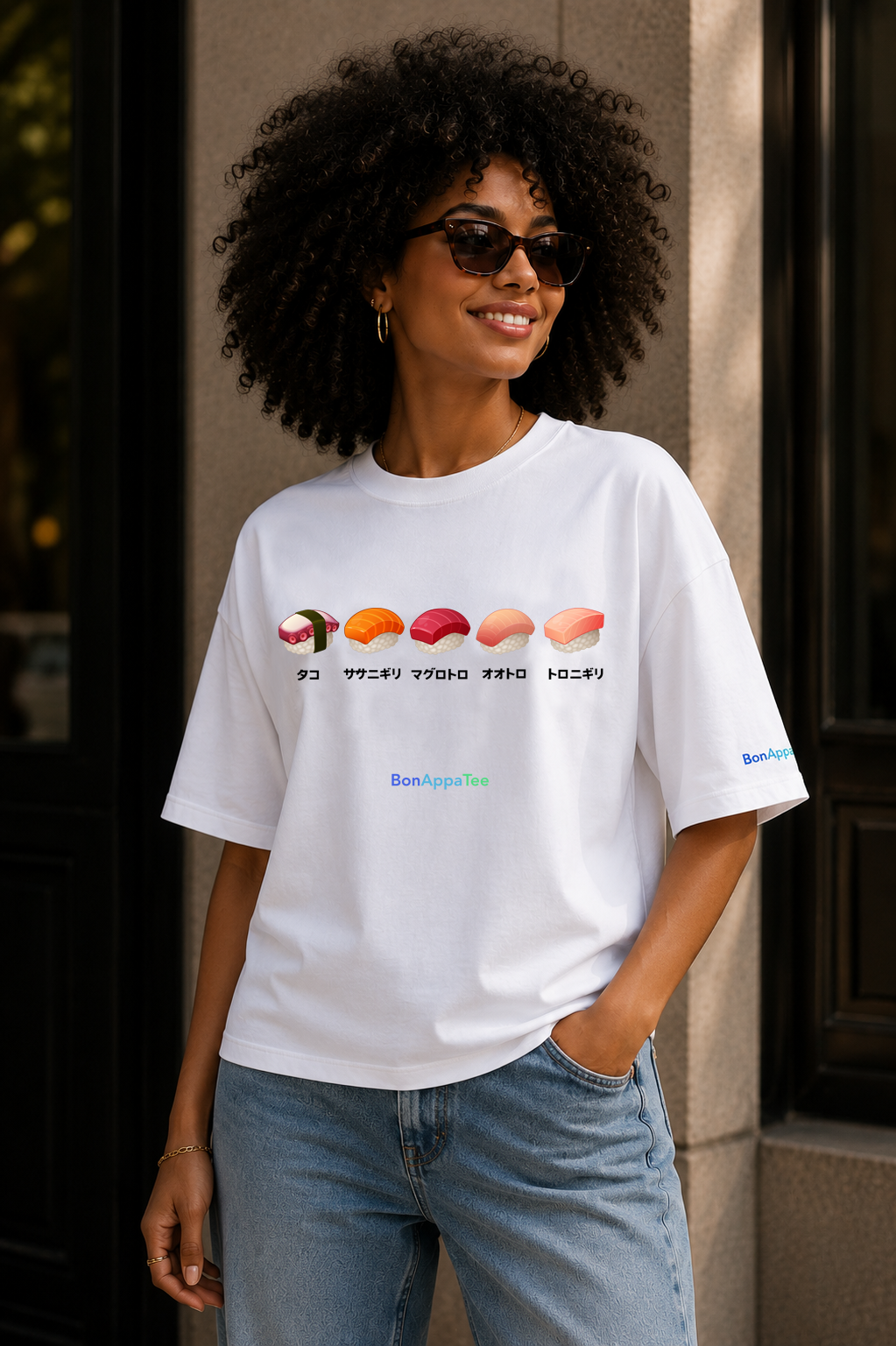 Female wearing Sushi Selection Tee — Japanese sushi graphic on premium oversized white T-shirt by BonAppaTee