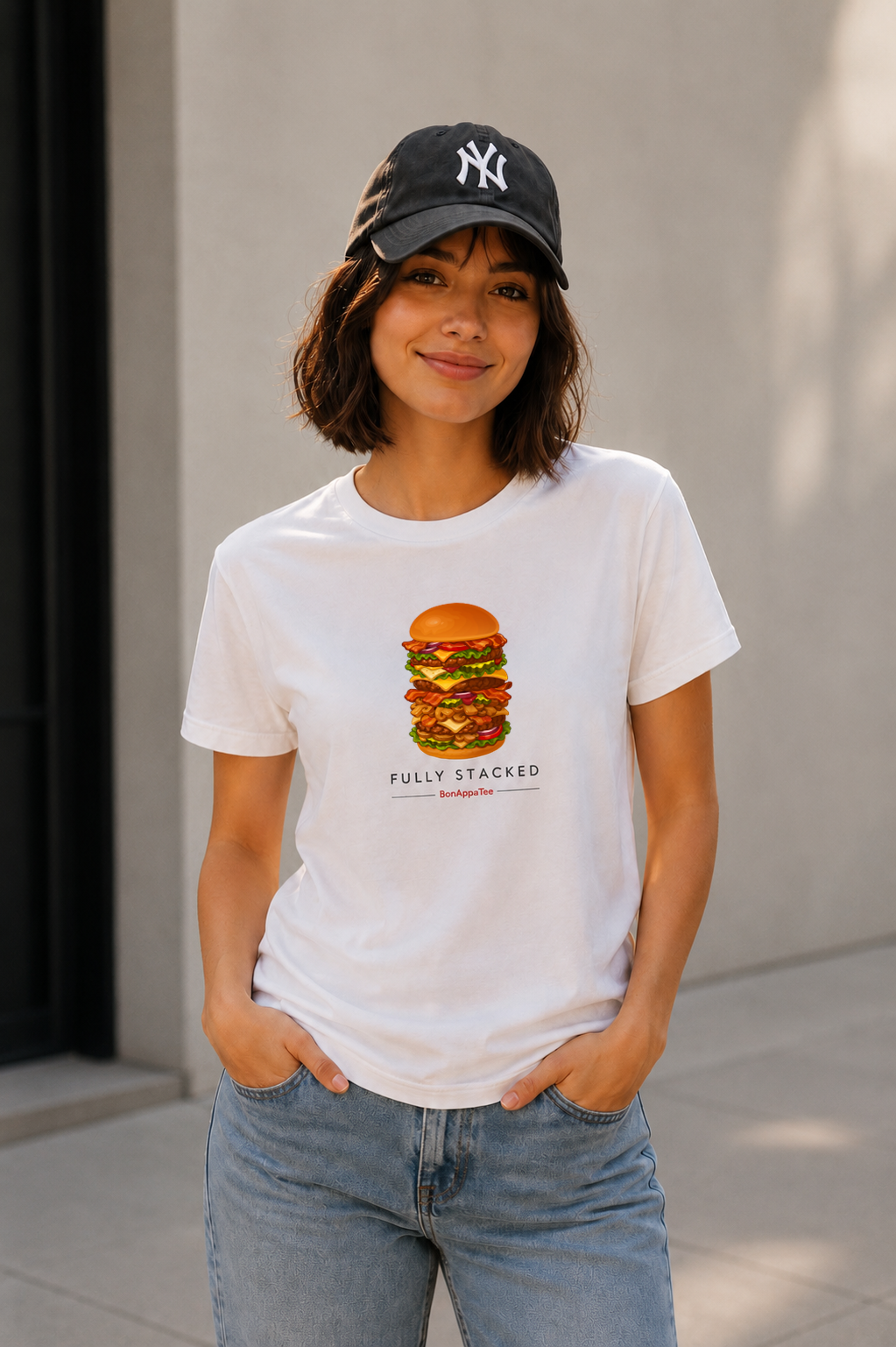 Female wearing Fully Stacked Tee — fitted food graphic t-shirt | BonAppaTee
