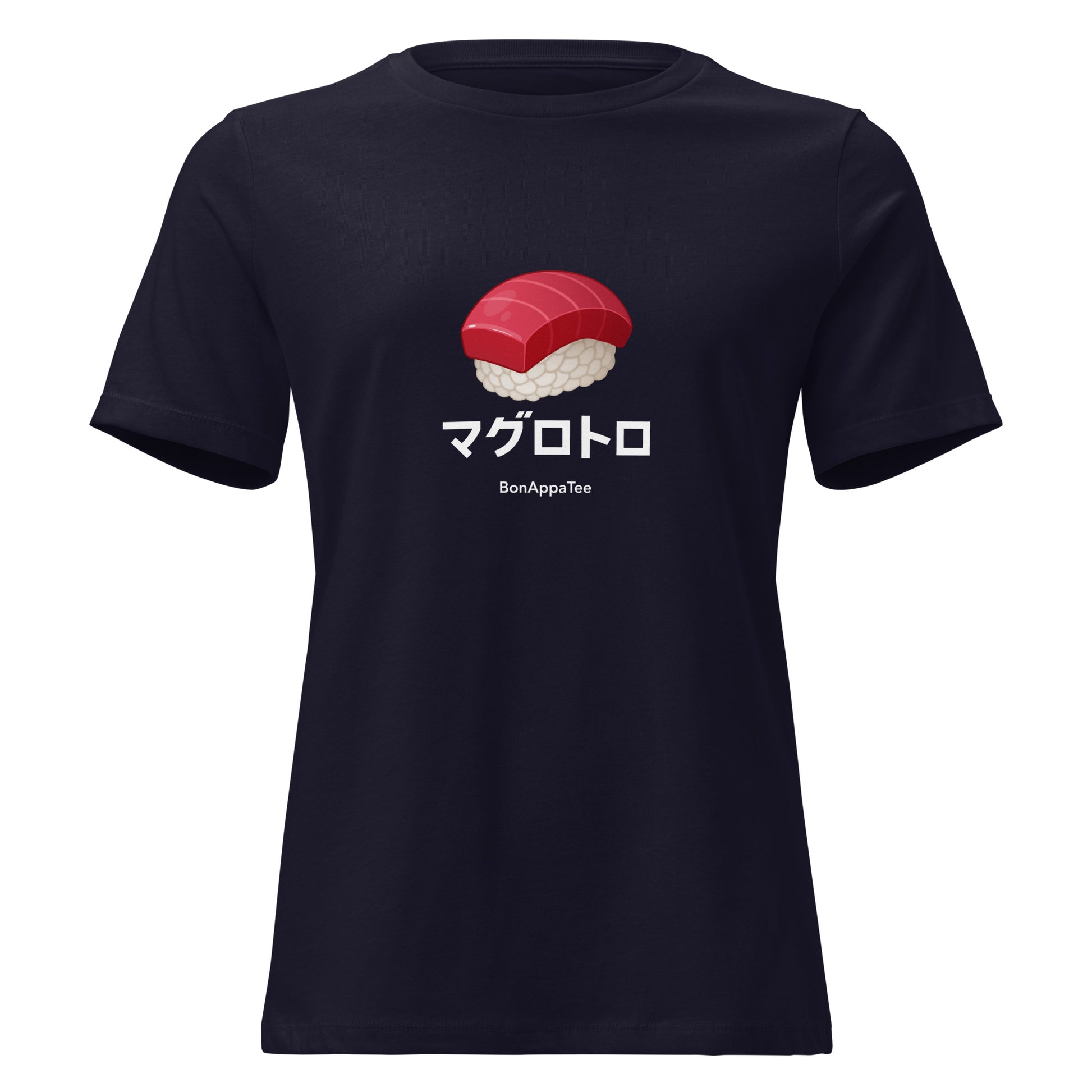 Maguro Toro Tee – Women's Fitted Navy — women's food graphic t-shirt on navy background | BonAppaTee
