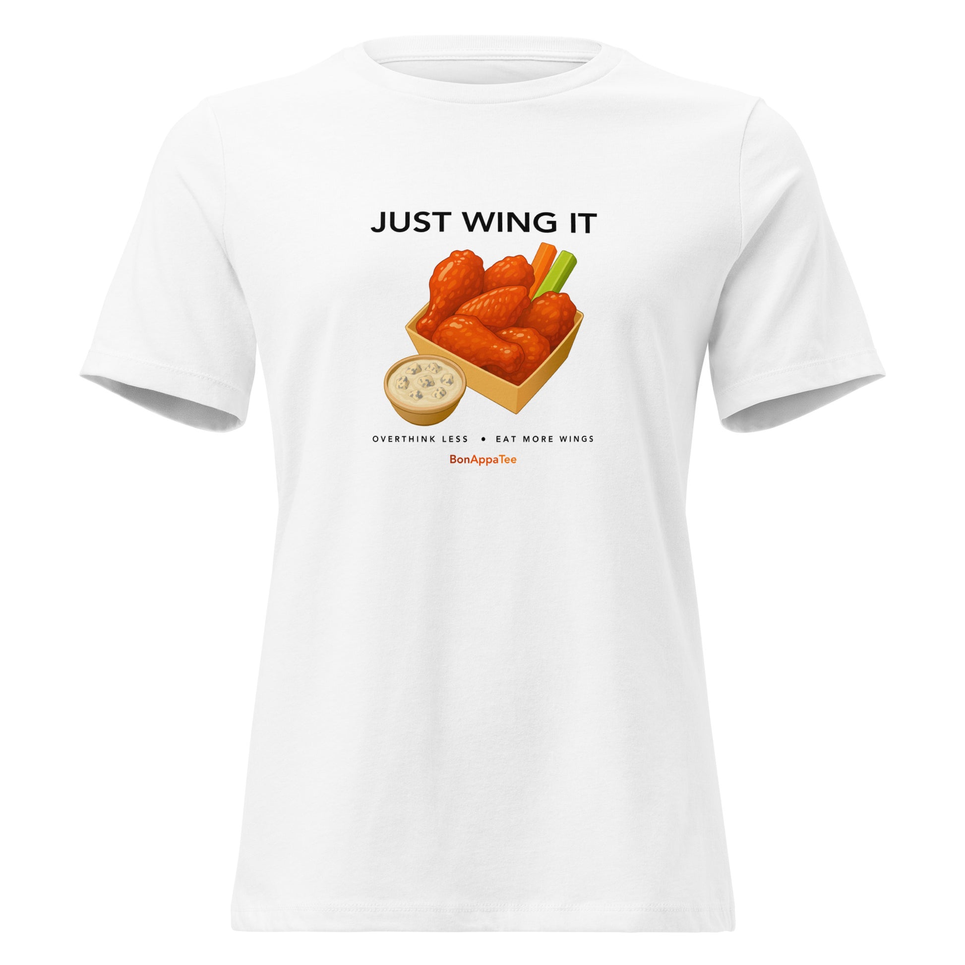 Just Wing It graphic T-shirt featuring original hand-drawn vector buffalo wing box artwork on a premium women's fitted white tee.
