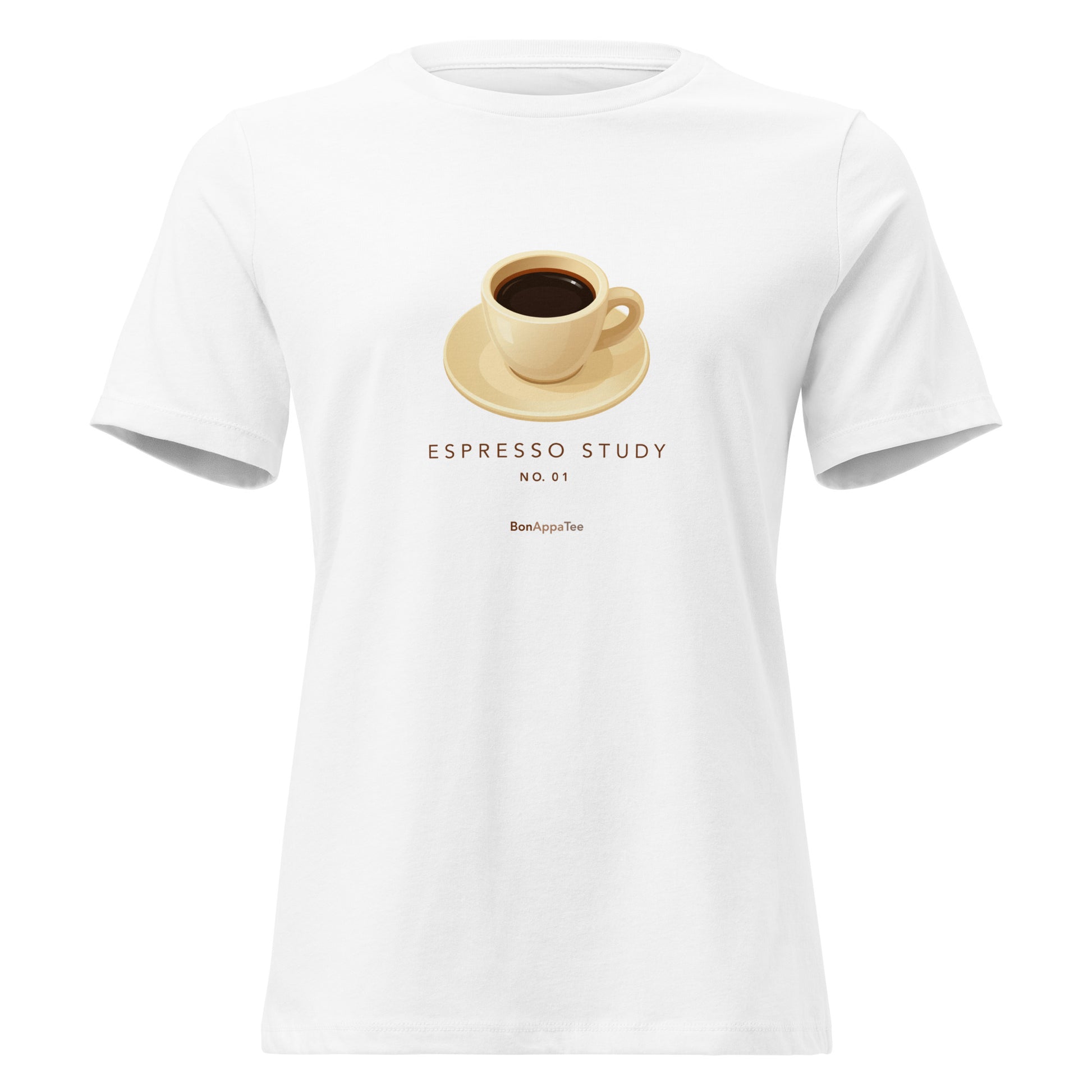 Espresso Study — coffee graphic on women's slim fitted white T-shirt, front view | BonAppaTee